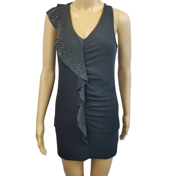 CANTATA Black Short Sleeve Ruffle Sparkle Sash Detail dress size M Bodycon - Picture 3 of 7